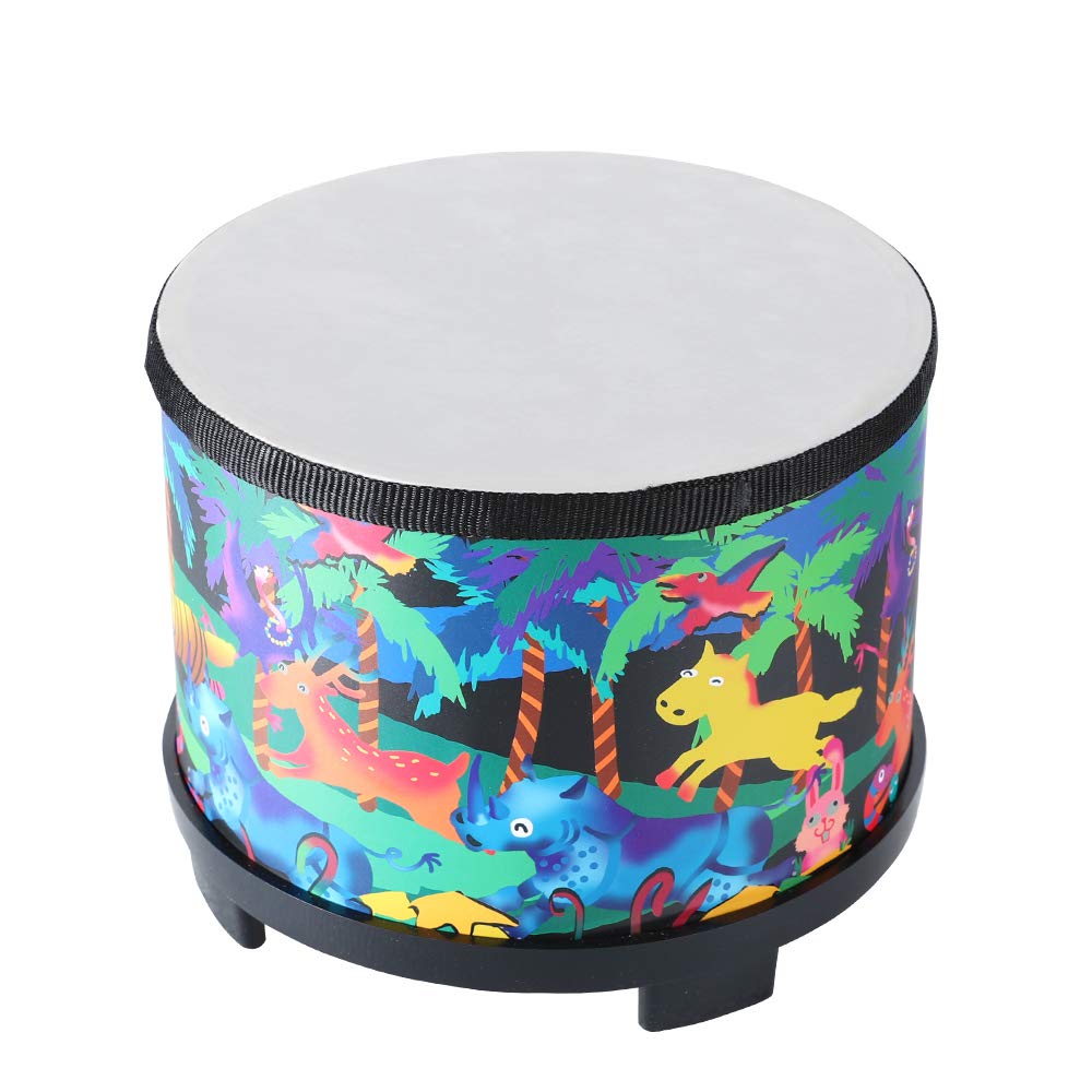 Ubblove 8 inch toddler percussion instrument showing the two included wooden beaters laid across the drum head.