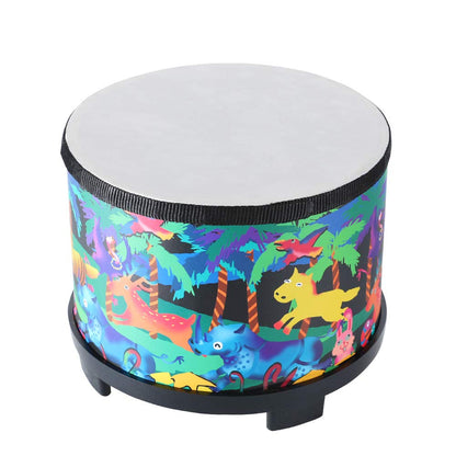 Ubblove 8 inch toddler percussion instrument showing the two included wooden beaters laid across the drum head.