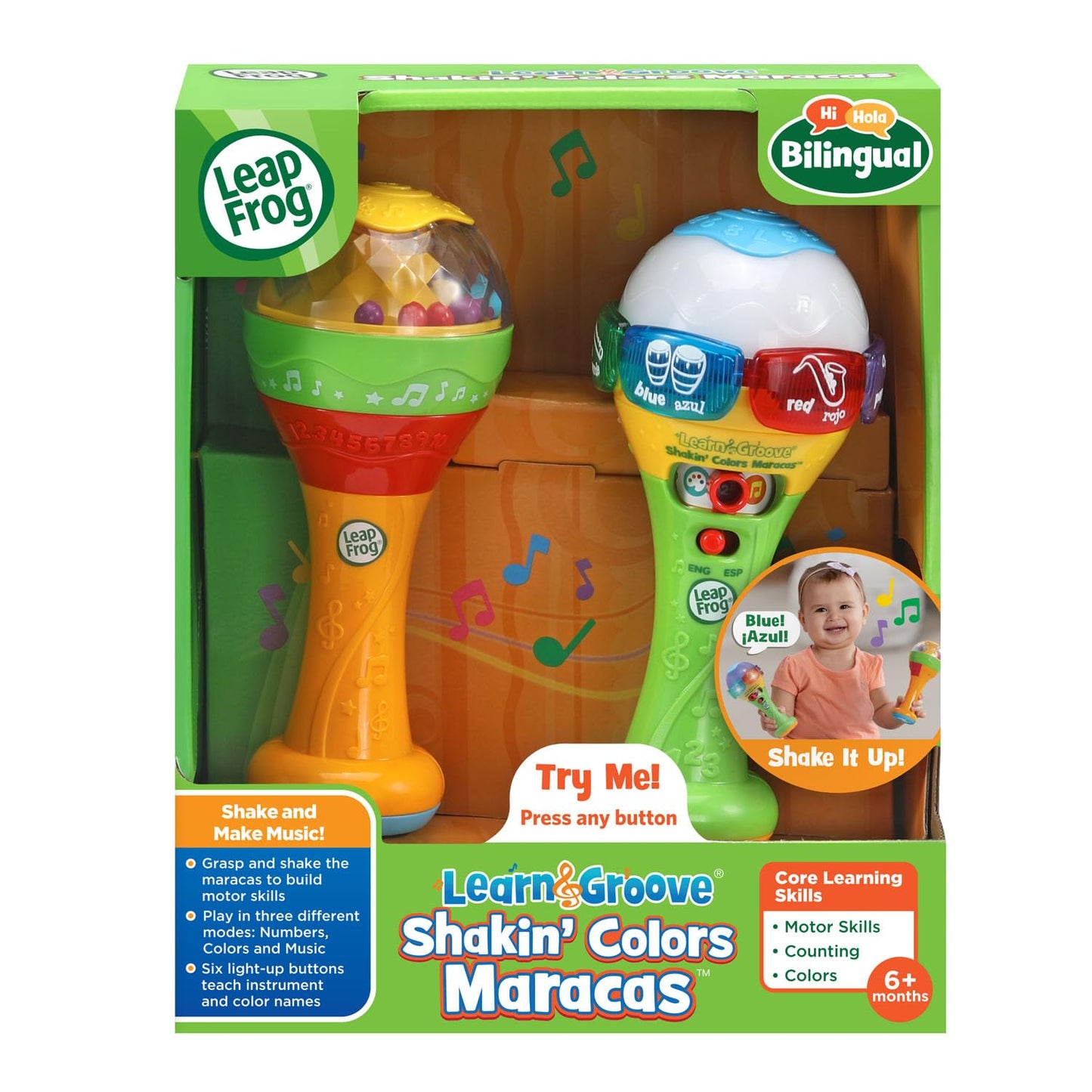 Packaging box details for LeapFrog Learn and Groove Shakin' Colors Maracas infant development set.
