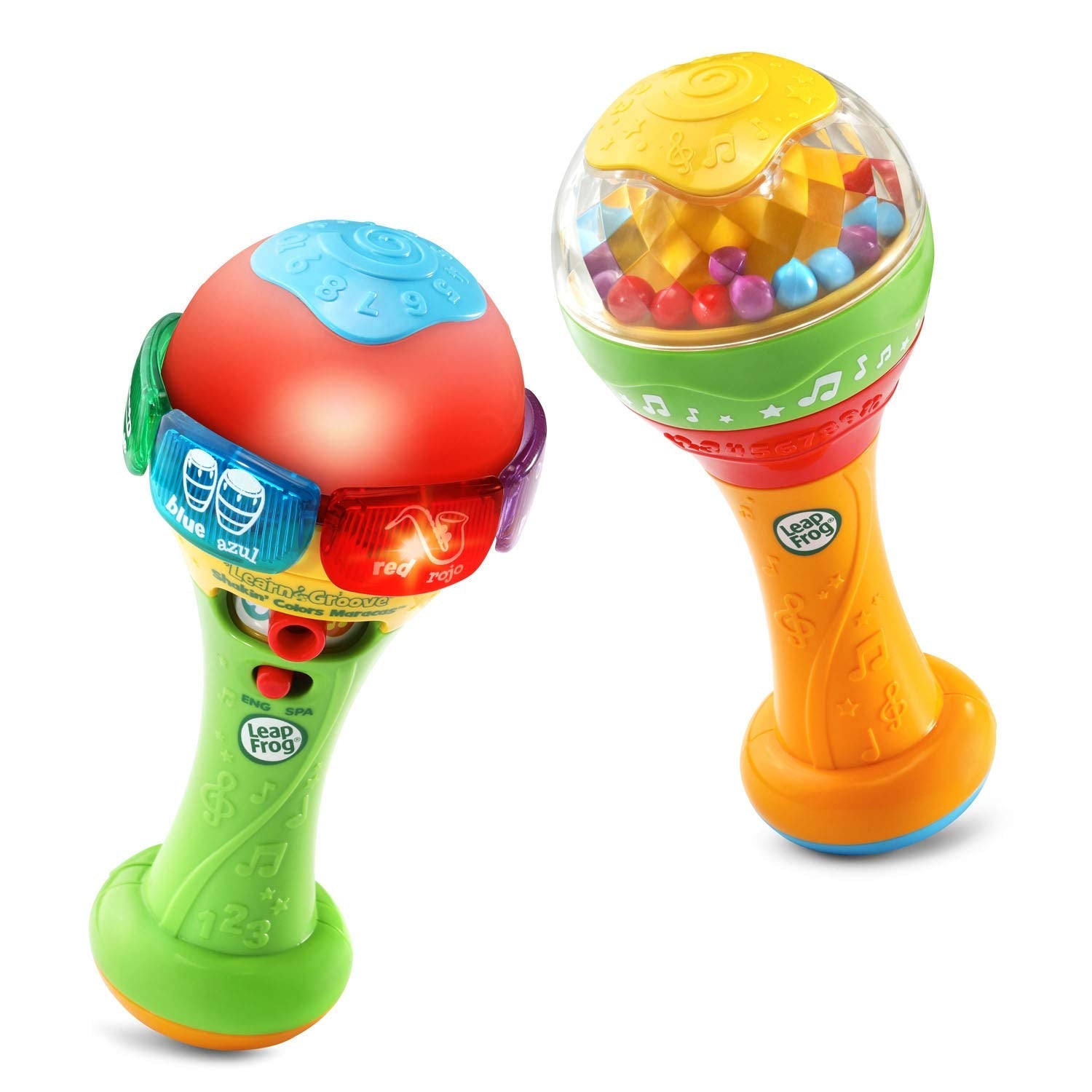 LeapFrog interactive bilingual maracas illustrating the electronic light-up feature glowing in multiple colors.