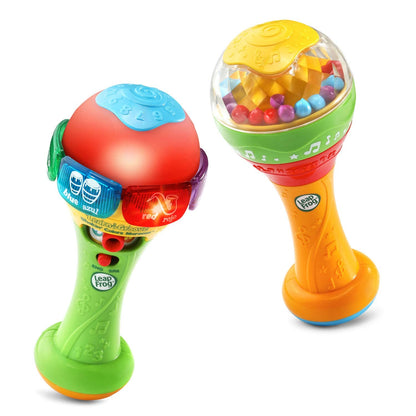LeapFrog interactive bilingual maracas illustrating the electronic light-up feature glowing in multiple colors.