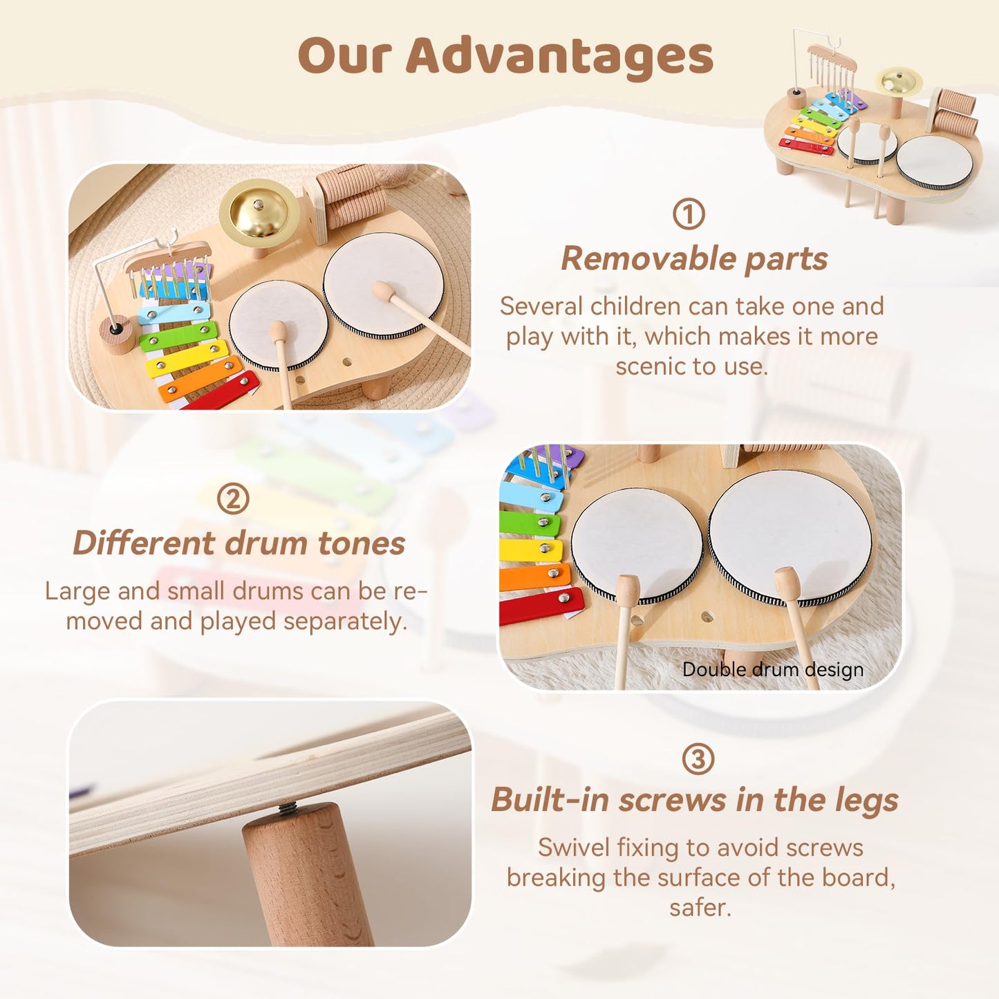 Montessori educational wooden xylophone and percussion toy close up perspective