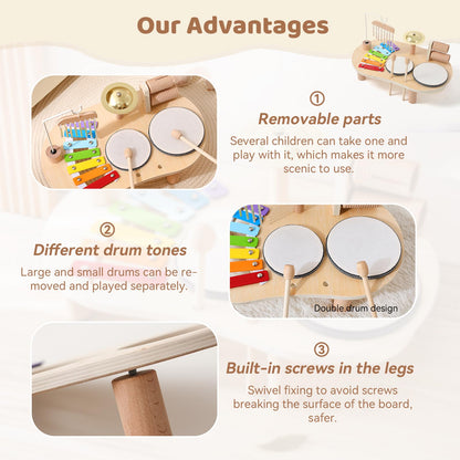 Montessori educational wooden xylophone and percussion toy close up perspective