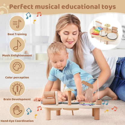 Toddler seven in one developmental rhythm station with brass cymbals view