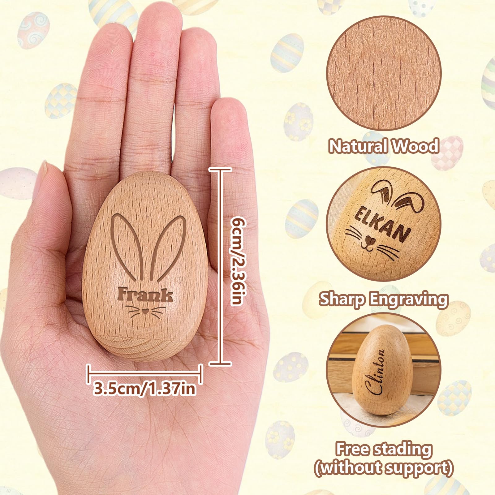 Set of premium engraved wooden sensory eggs highlighting different personalization styles
