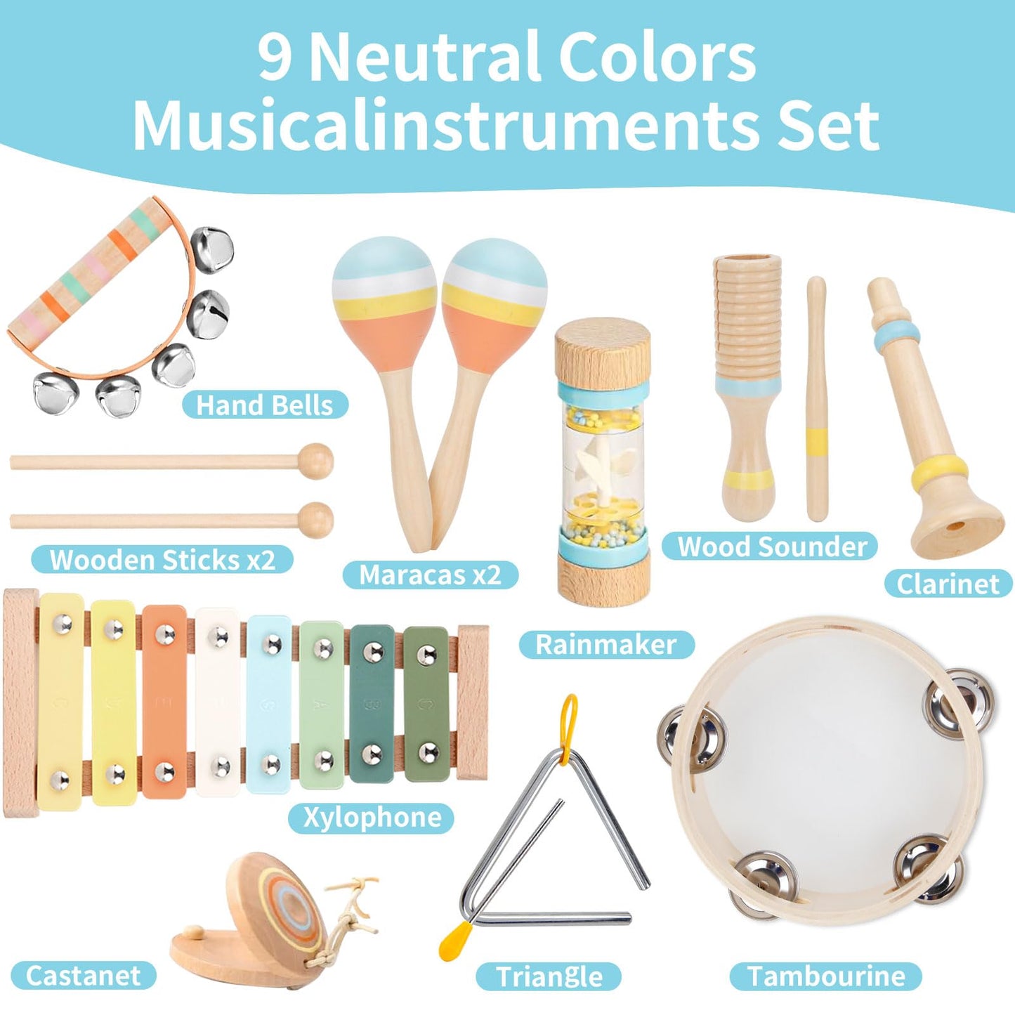 Pastel colored wooden xylophone with mallets from the bohemian style percussion kit