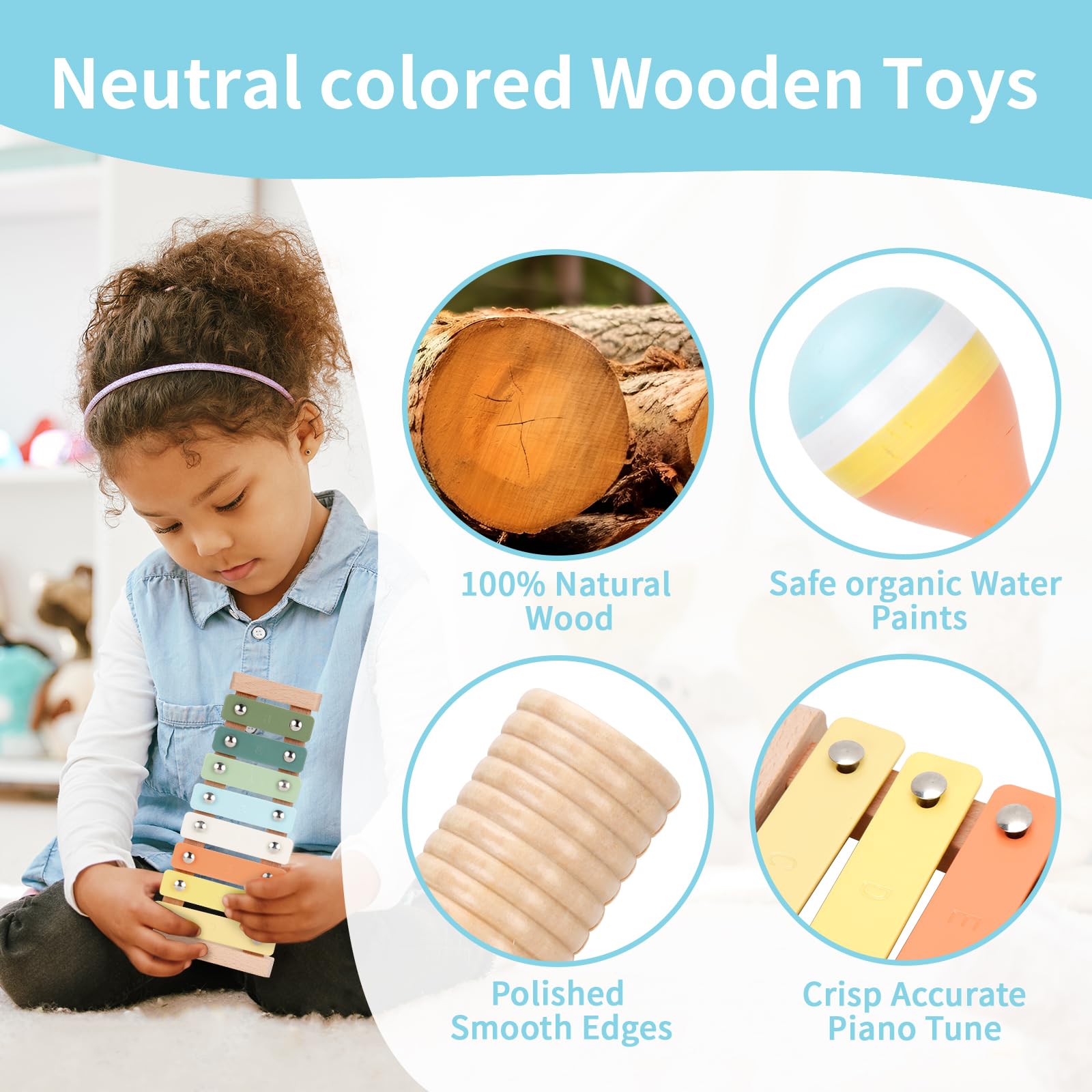 Toddler holding natural wood tambourine and maracas from the nine piece educational set