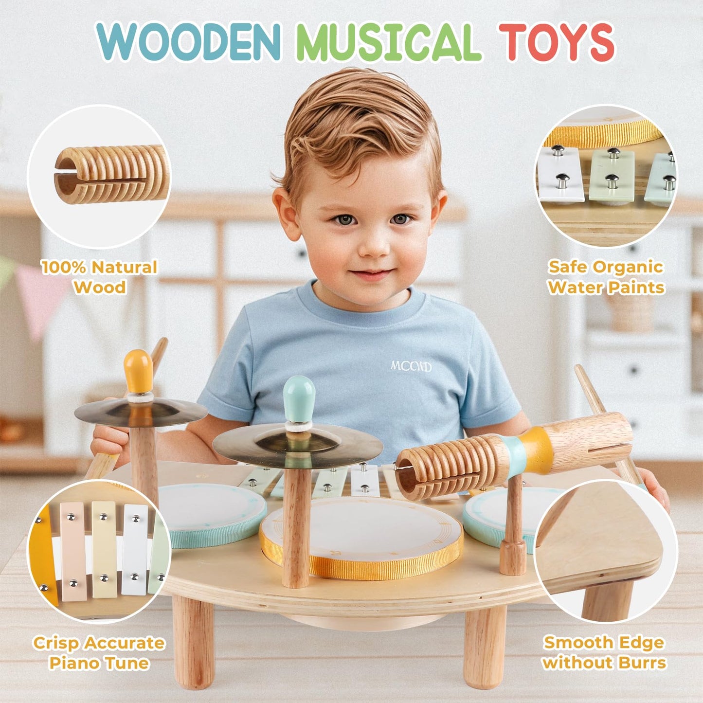 Wooden baby drum kit with xylophone and cymbals for toddlers