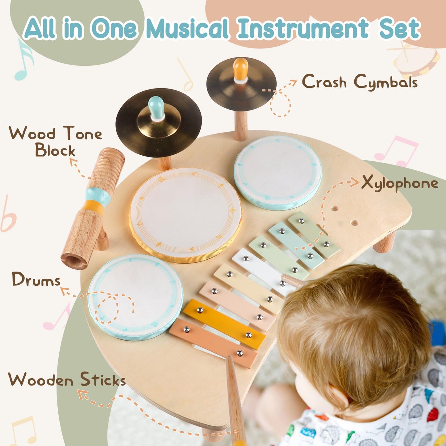 Natural wood educational musical instrument set close up view