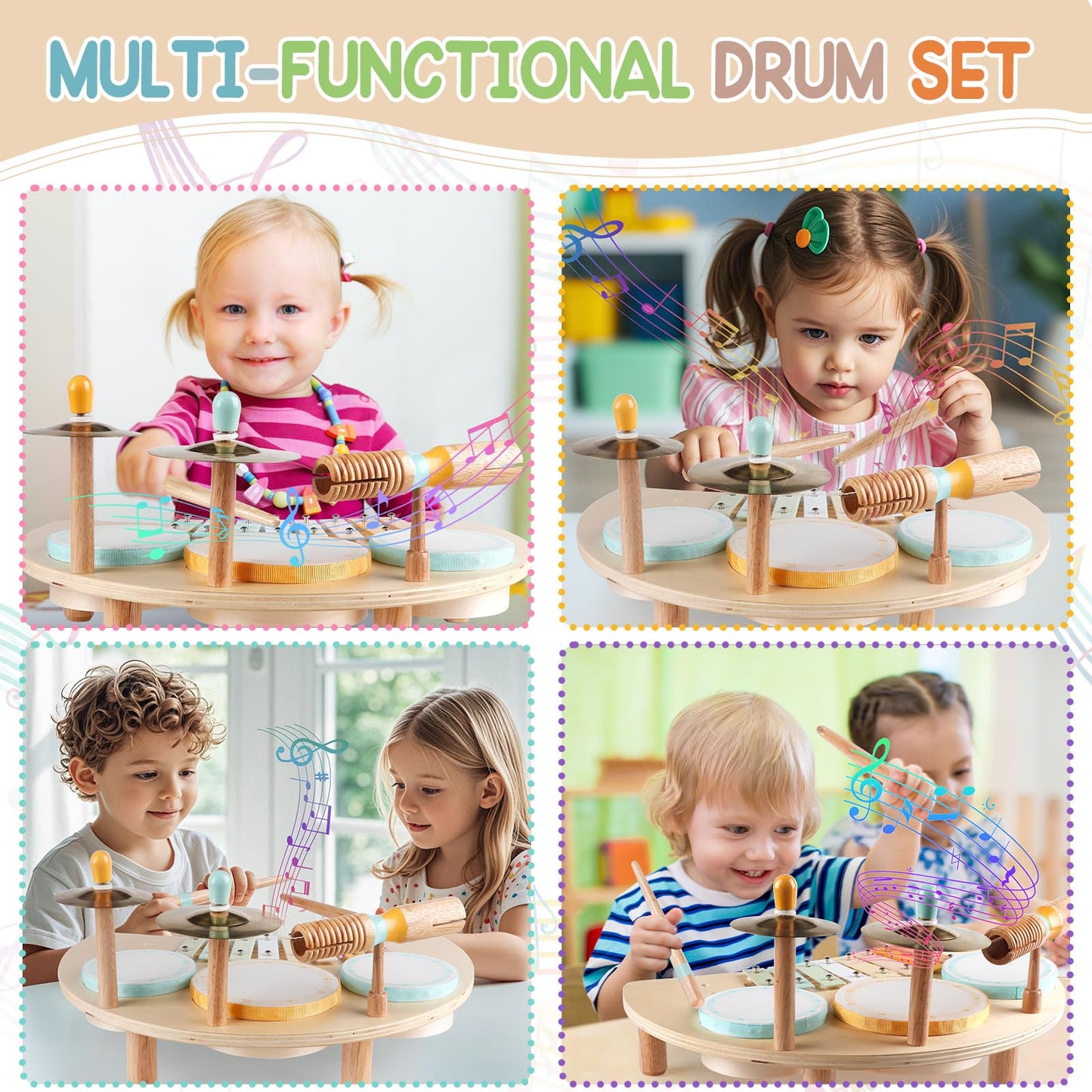 Toddler wooden percussion activity table with sheepskin drums