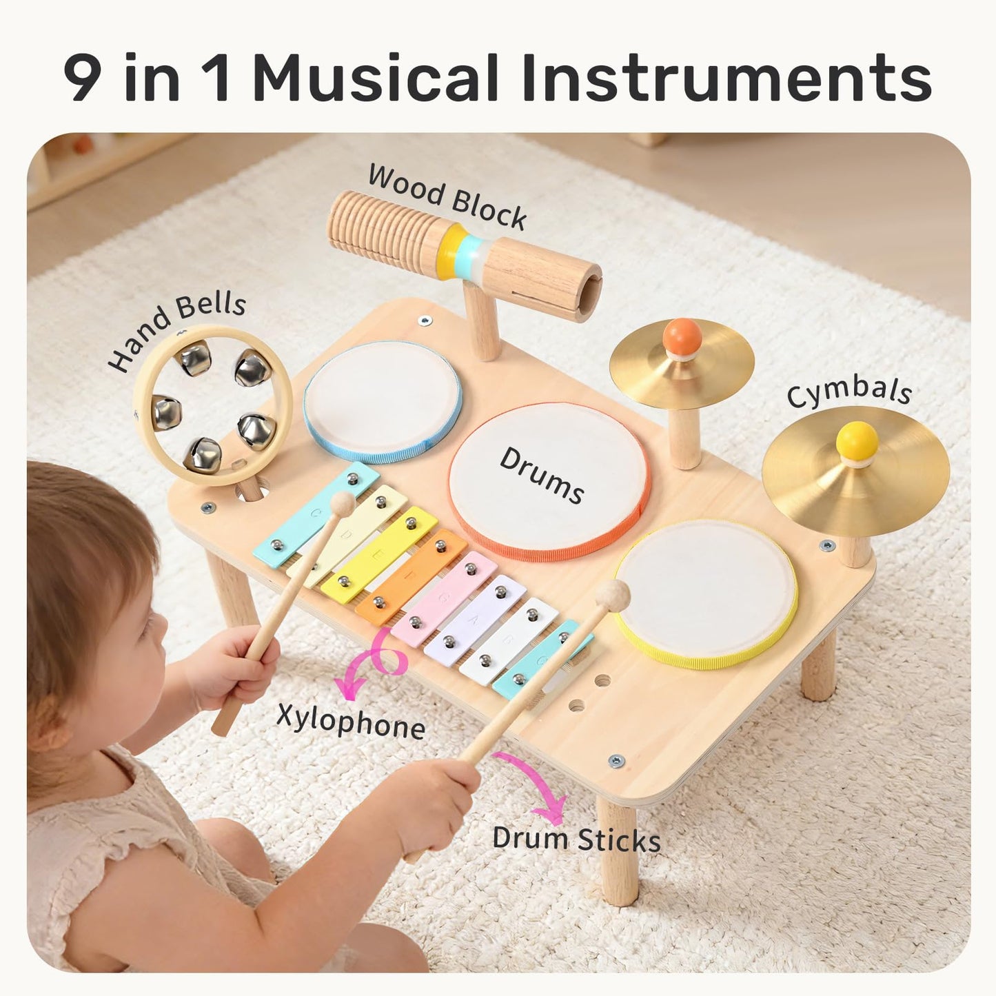 Premium Morandi colored wooden baby drum kit for early development play