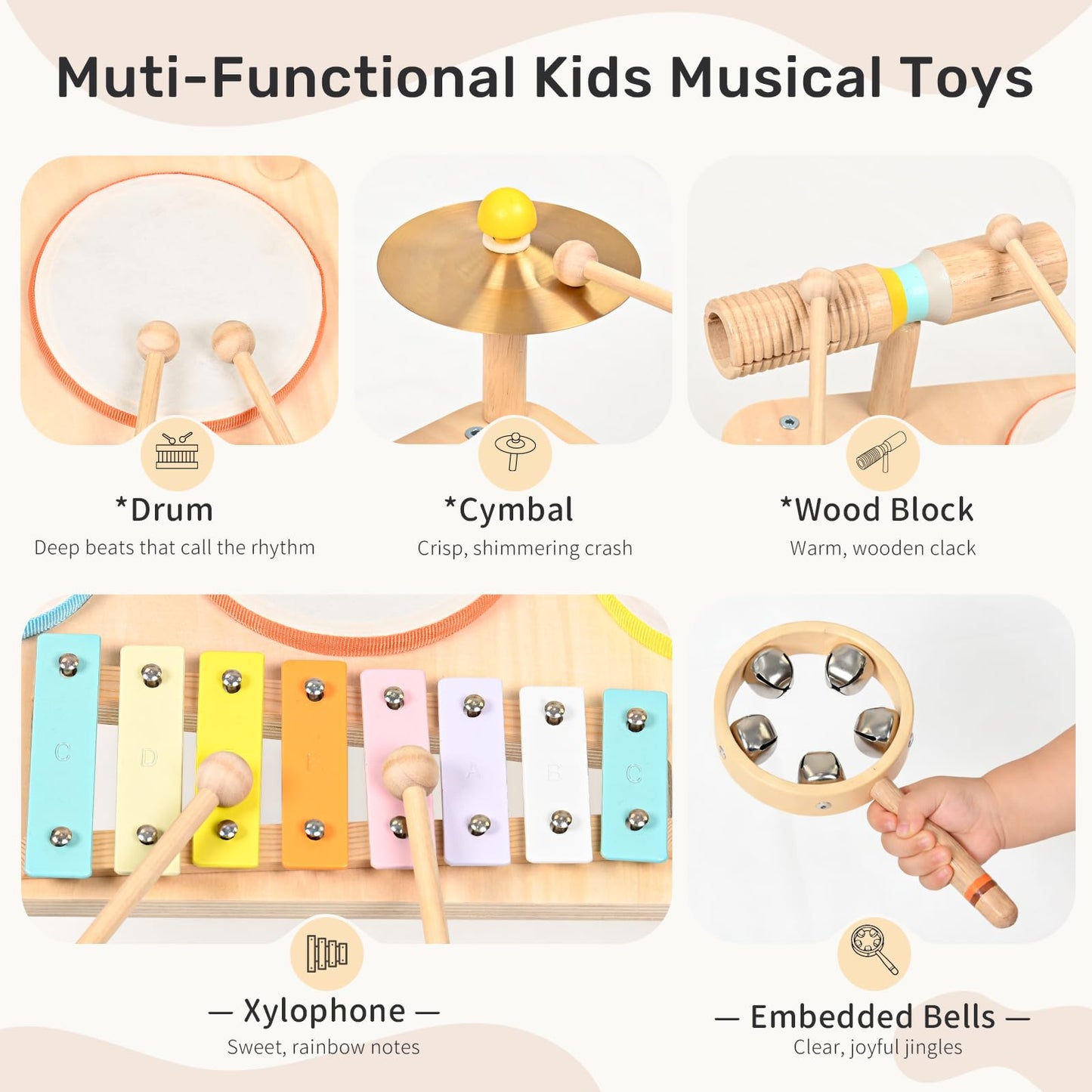 Eco friendly wooden musical toys for toddlers showing smooth rounded safety edges