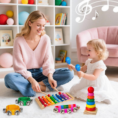 Childom toddler musical toys arrangement highlighting the wooden rhythm pieces and handheld bells next to the clear storage bag