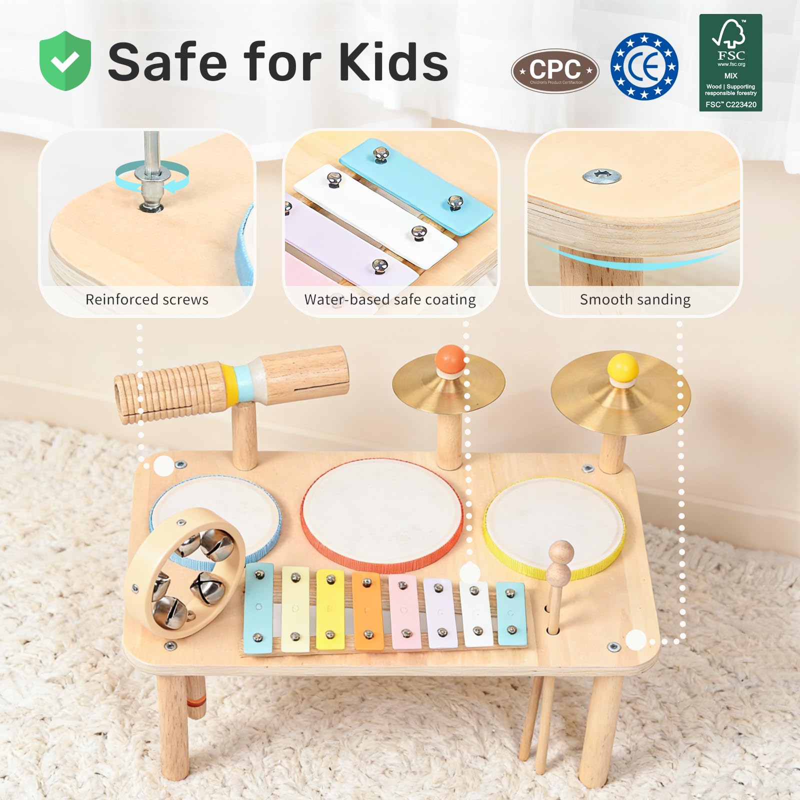 Child safe Montessori drum kit showing drumsticks and tone blocks setup