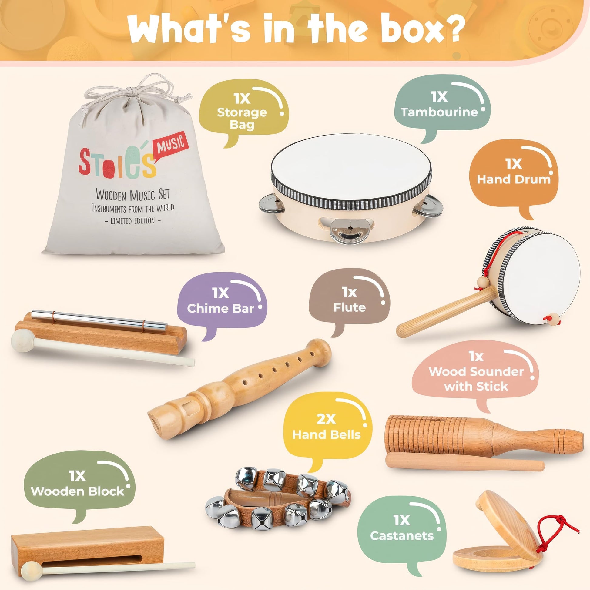 Natural wooden hand drum and tambourine from the children music collection