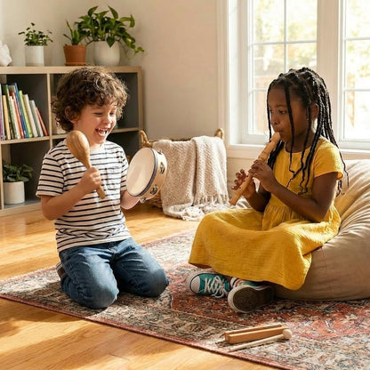 Eco friendly wooden maracas and castanets designed for comfortable toddler grip