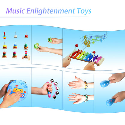 Childom wooden rhythm instruments including castanets and rainbow blocks arranged neatly to demonstrate varying shapes and textures