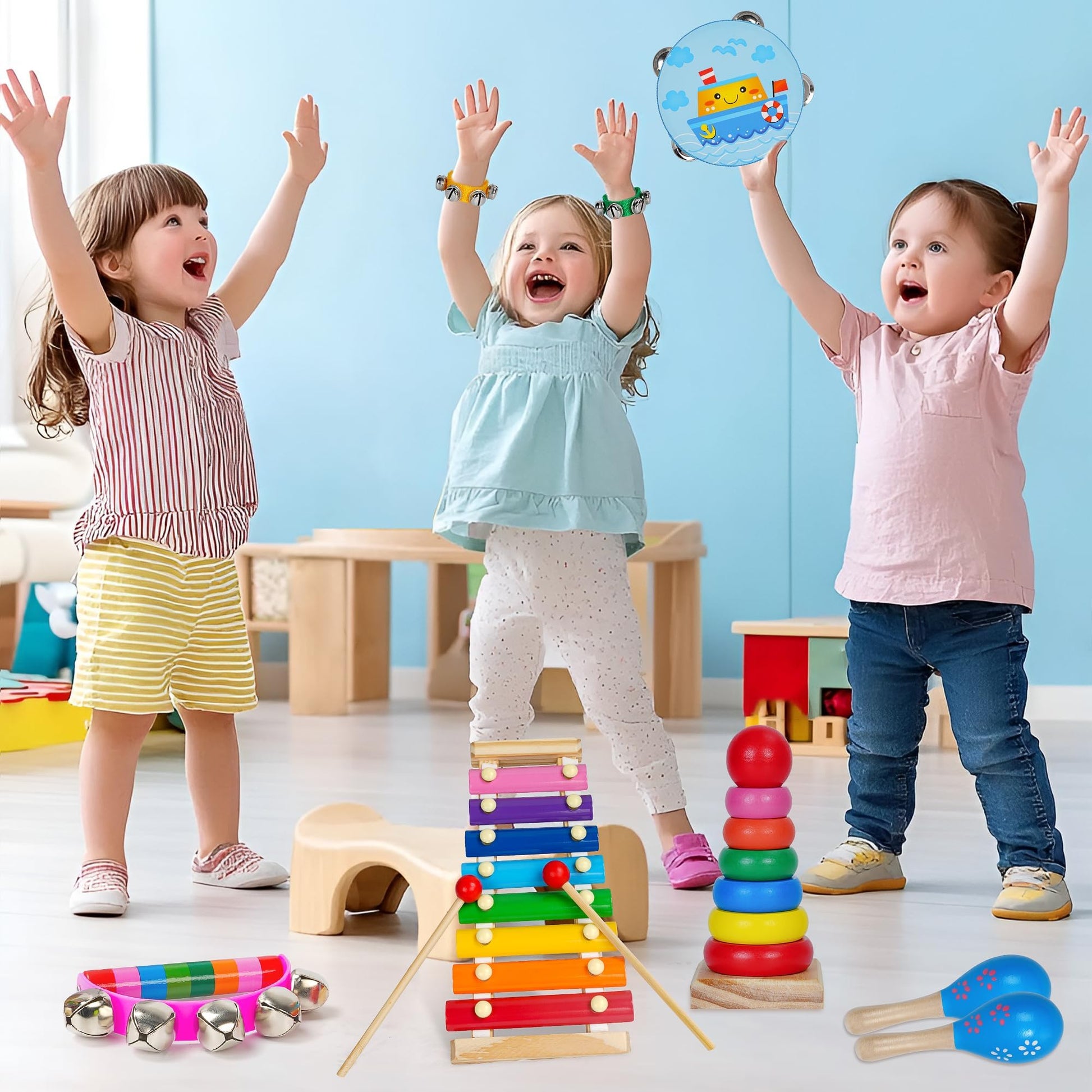 A wide commercial shot of the complete childom kids educational rhythm set highlighting the vibrant non toxic paints used