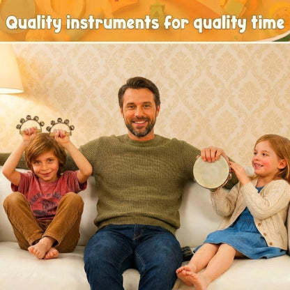 Complete fifteen piece wooden toddler musical instrument kit spread out for display