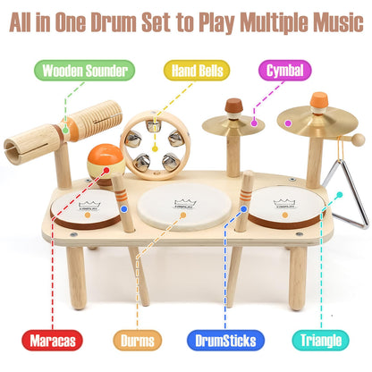 Vanplay 11 in 1 toddler musical instruments showing detached wooden maracas and mallets.