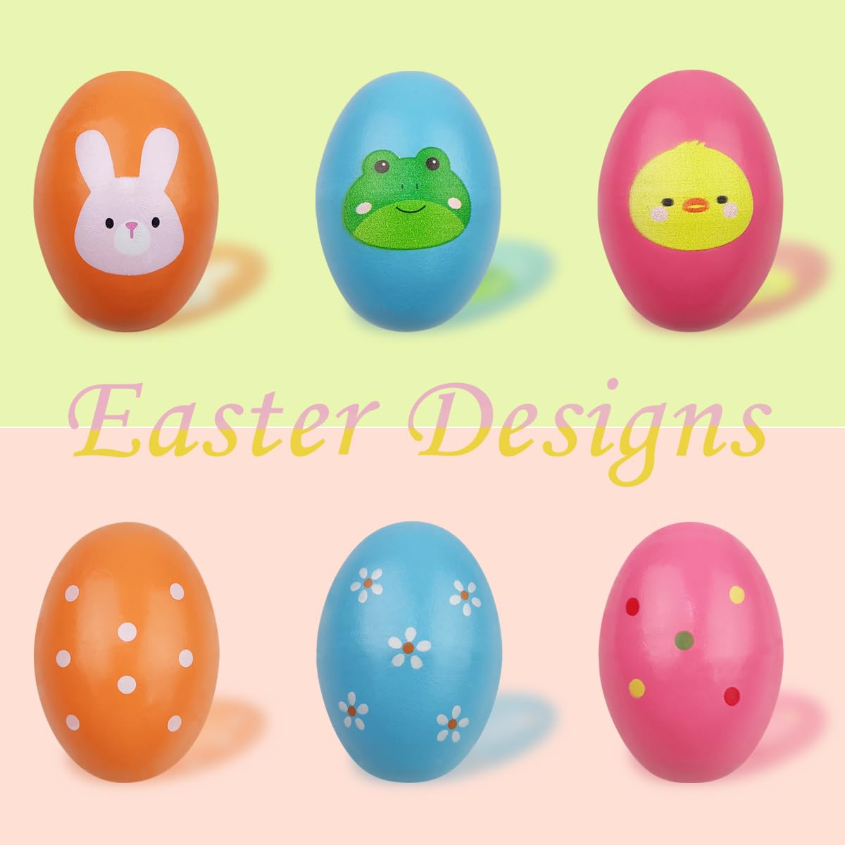 Set of six distinct animal themed wooden shake eggs arranged neatly for holiday gifting.