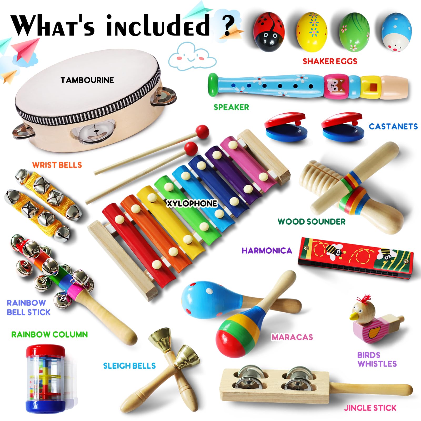 LOOIKOOS musical toy set packed neatly inside the included transparent carrying bag