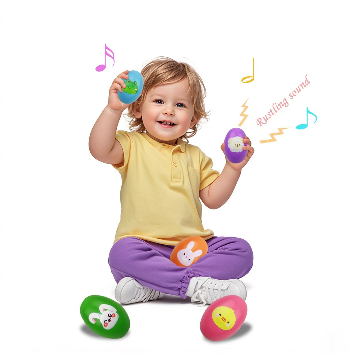 Close up of the smooth finish and safe painted details on the kids percussion toy eggs.