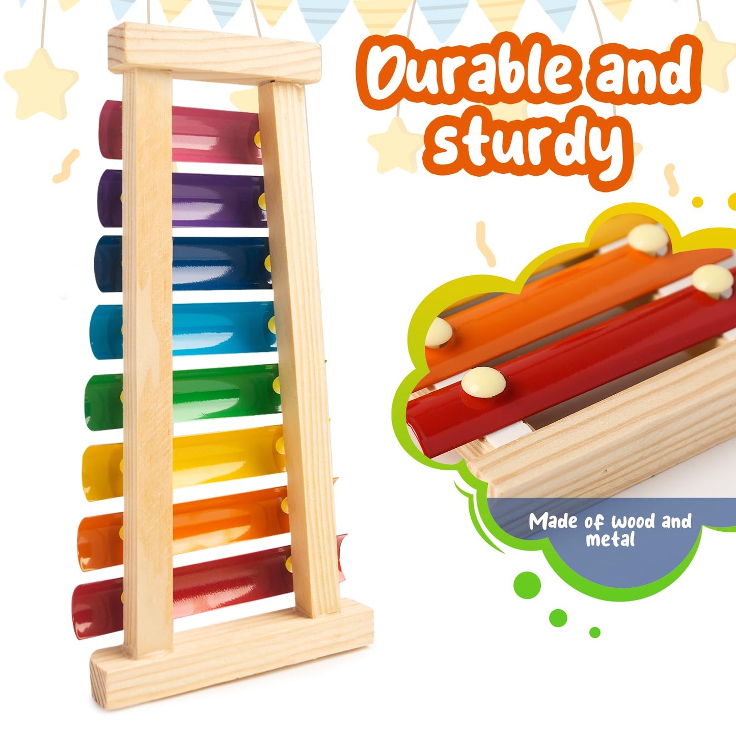 MCPINKY rainbow wooden xylophone close up on tuned metal bars
