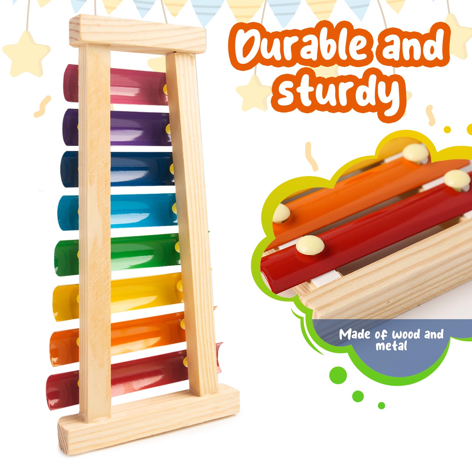 MCPINKY rainbow wooden xylophone close up on tuned metal bars