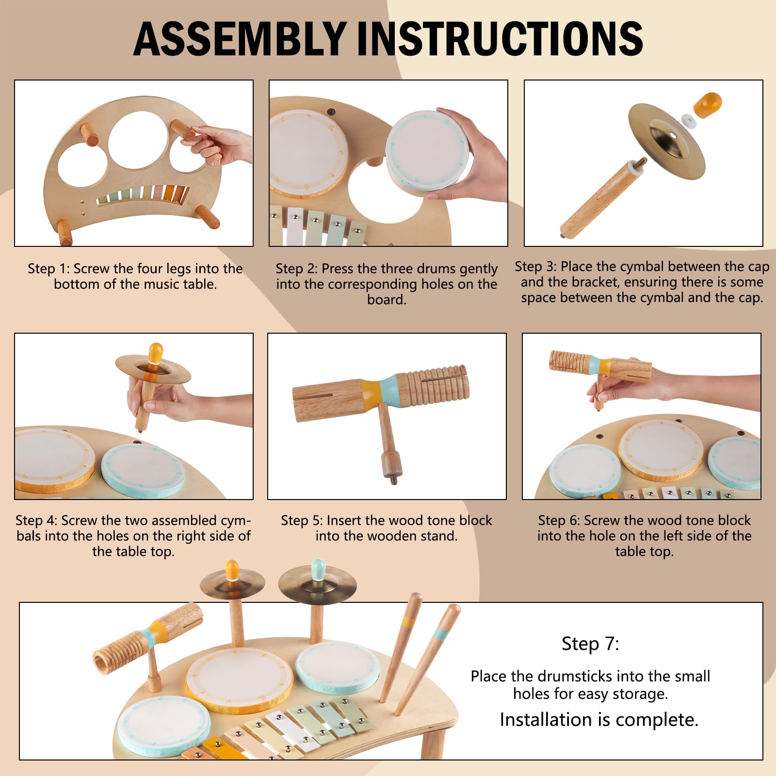 Side profile of the neutral-colored Montessori baby drum kit highlighting the four stable wooden legs.