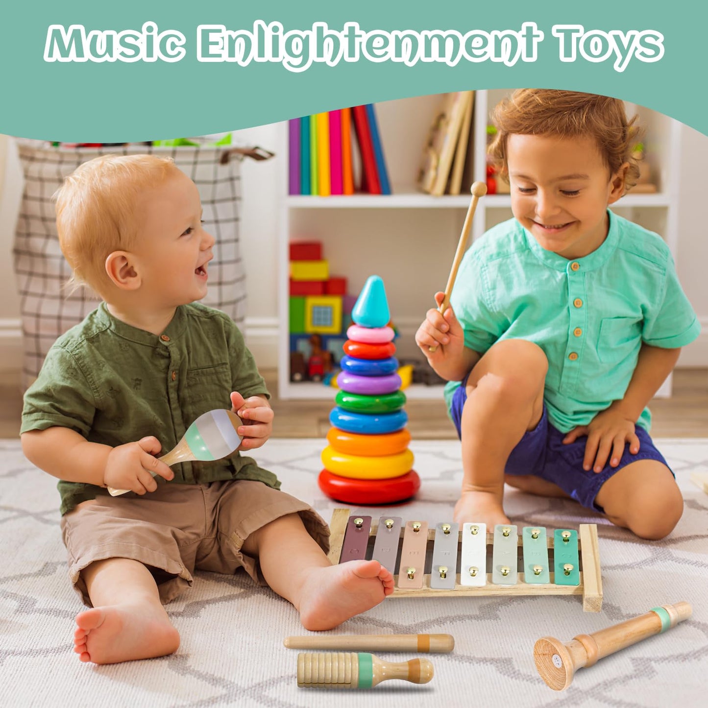 The complete Raimy Montessori music kit organized neatly next to its dedicated cream colored fabric storage bag