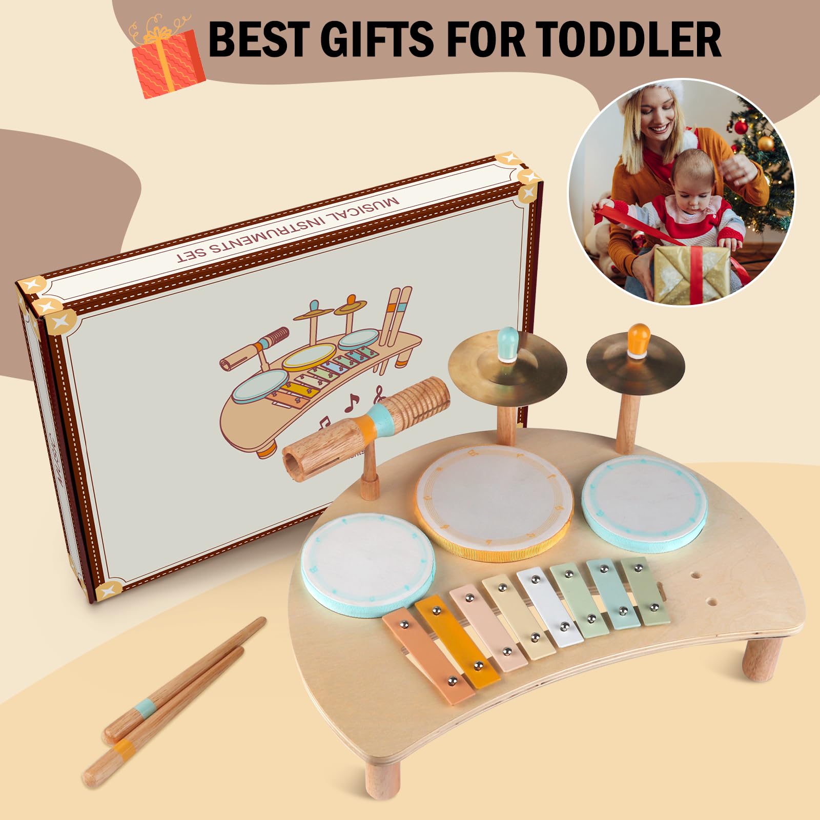 The complete premium wooden toy instrument set displayed in a modern, calm nursery setting.