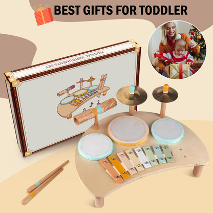The complete premium wooden toy instrument set displayed in a modern, calm nursery setting.