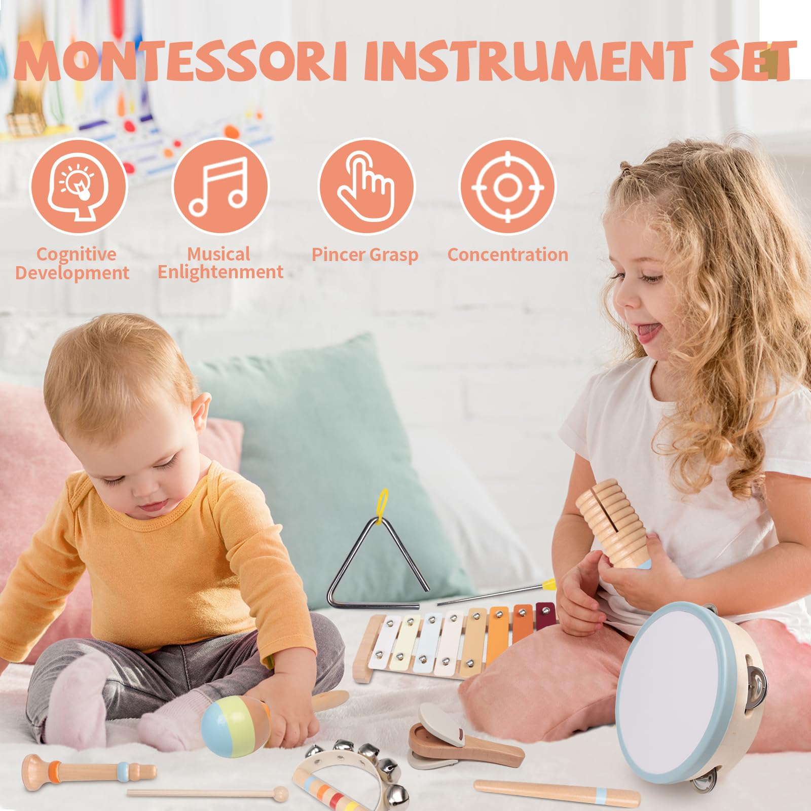 Eight note wooden xylophone with colorful metal keys and dual mallets for toddler play