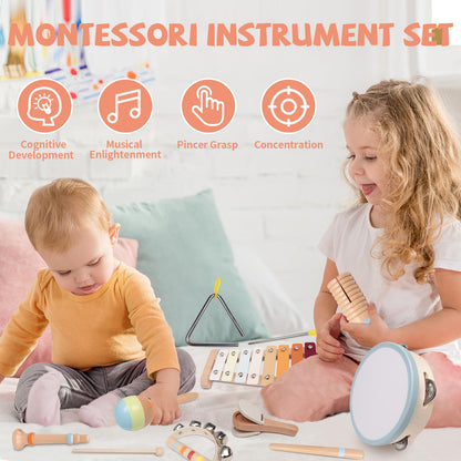 Eight note wooden xylophone with colorful metal keys and dual mallets for toddler play