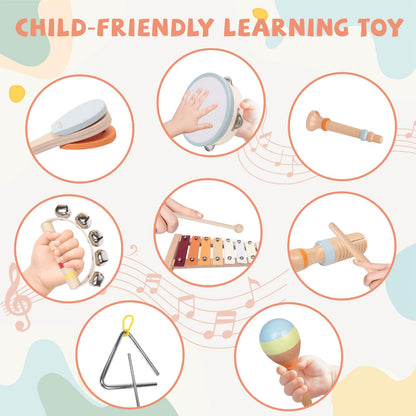 Toddler hands holding non toxic wooden maracas and tambourine from the Montessori kit