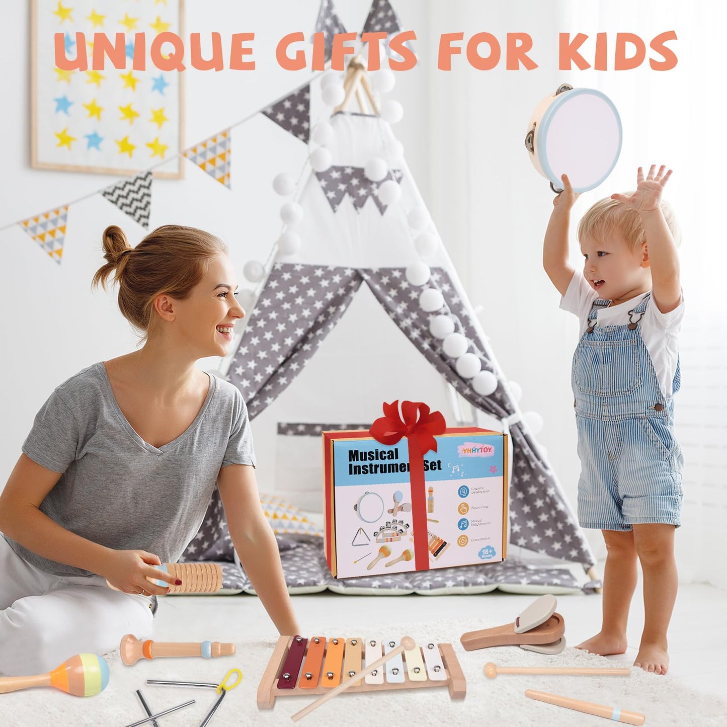 Eco friendly child safe percussion instruments collection packaged for early sensory learning
