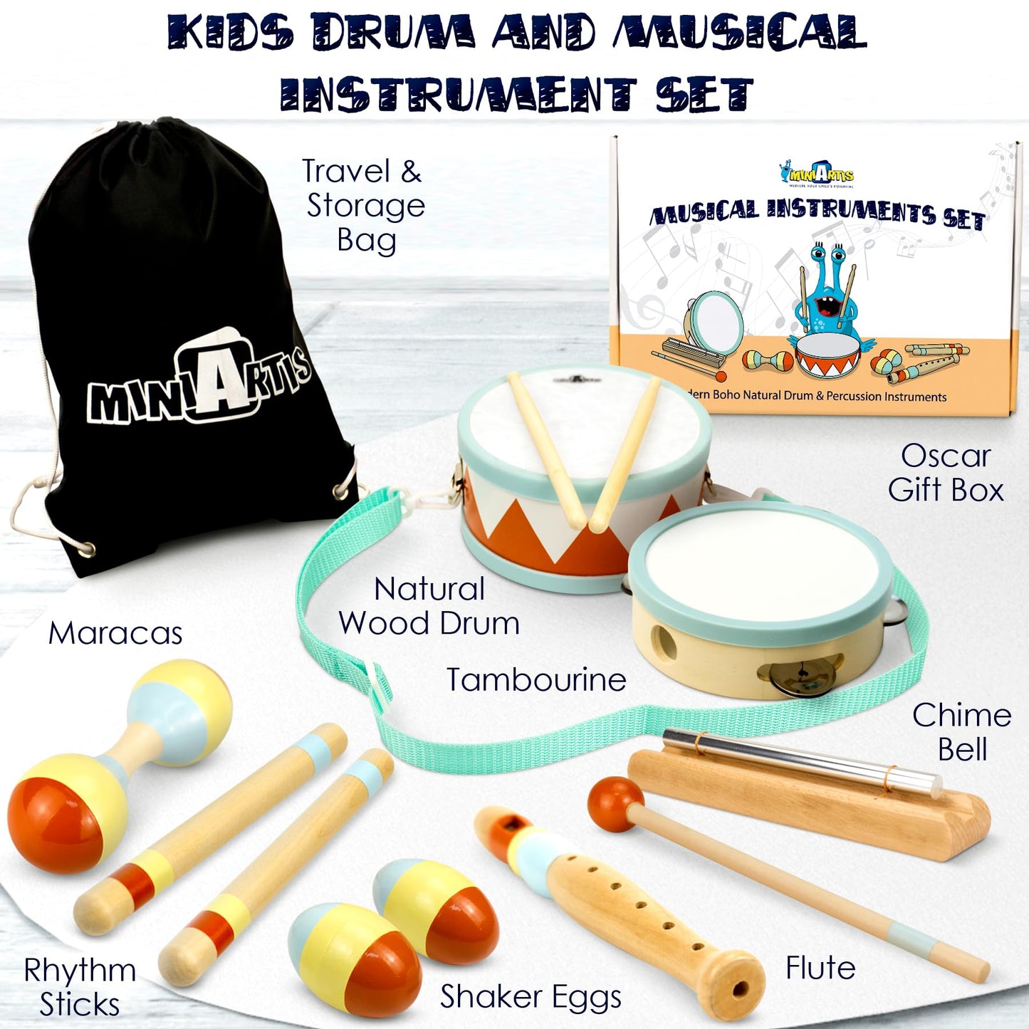 MINIARTIS baby drum set with natural wood finishes in modern boho neutral colors.