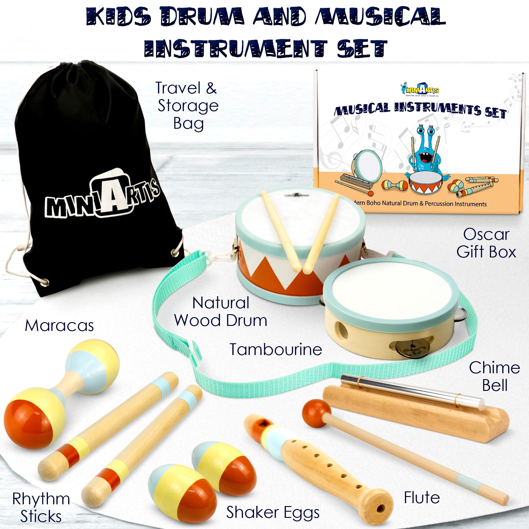 MINIARTIS baby drum set with natural wood finishes in modern boho neutral colors.