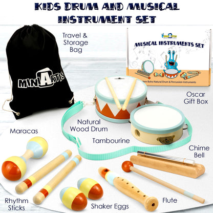 MINIARTIS baby drum set with natural wood finishes in modern boho neutral colors.