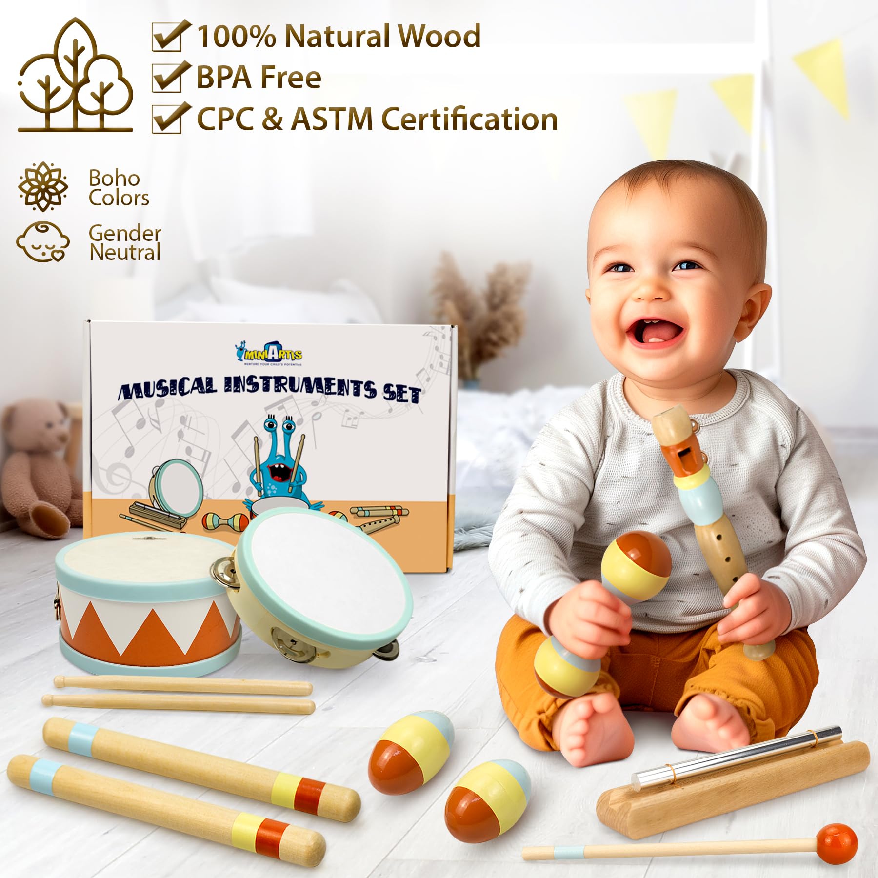 Toddler percussion toys including wooden tambourine and maracas neatly arranged.
