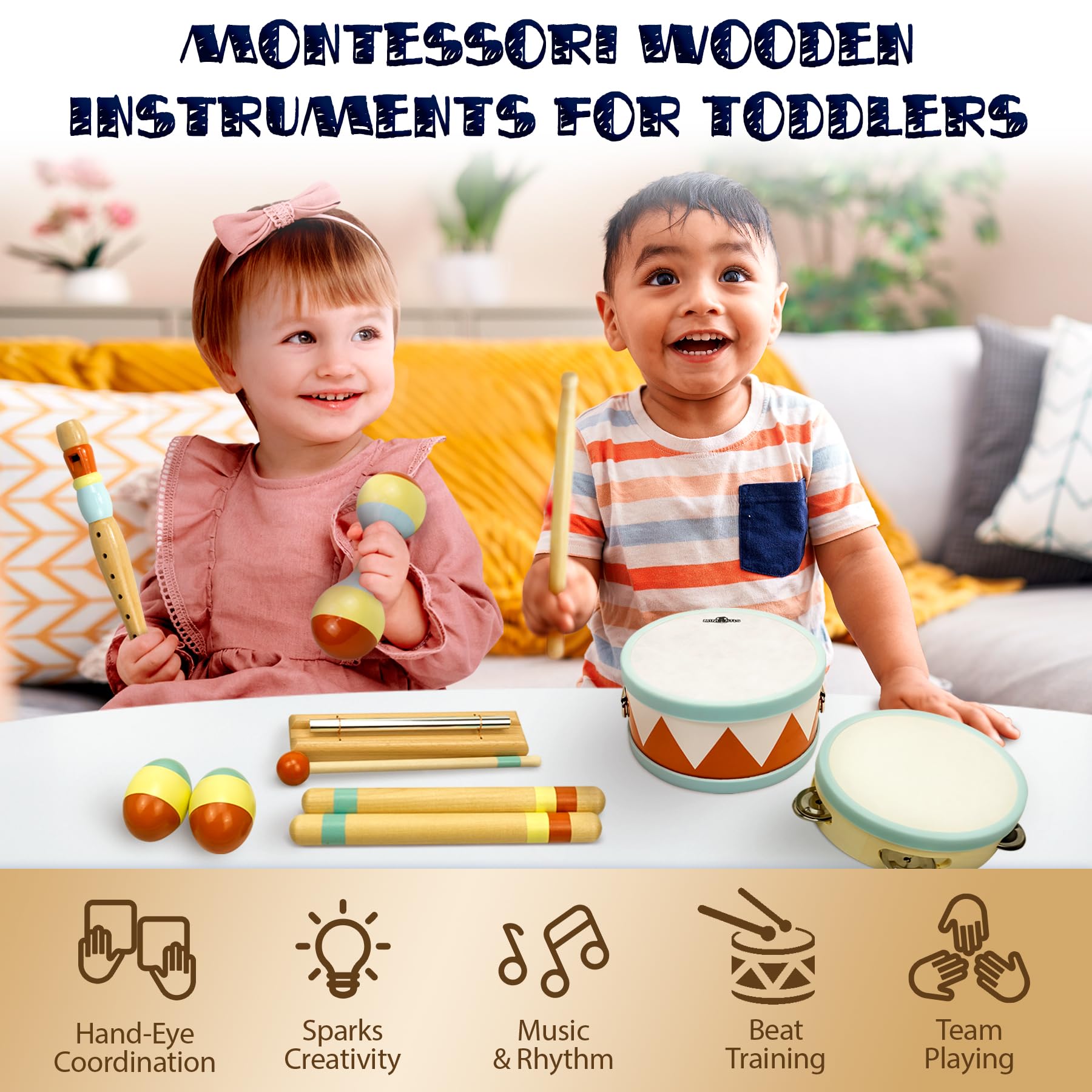 Close-up view of the safe non-toxic six-inch wooden drum for toddlers.