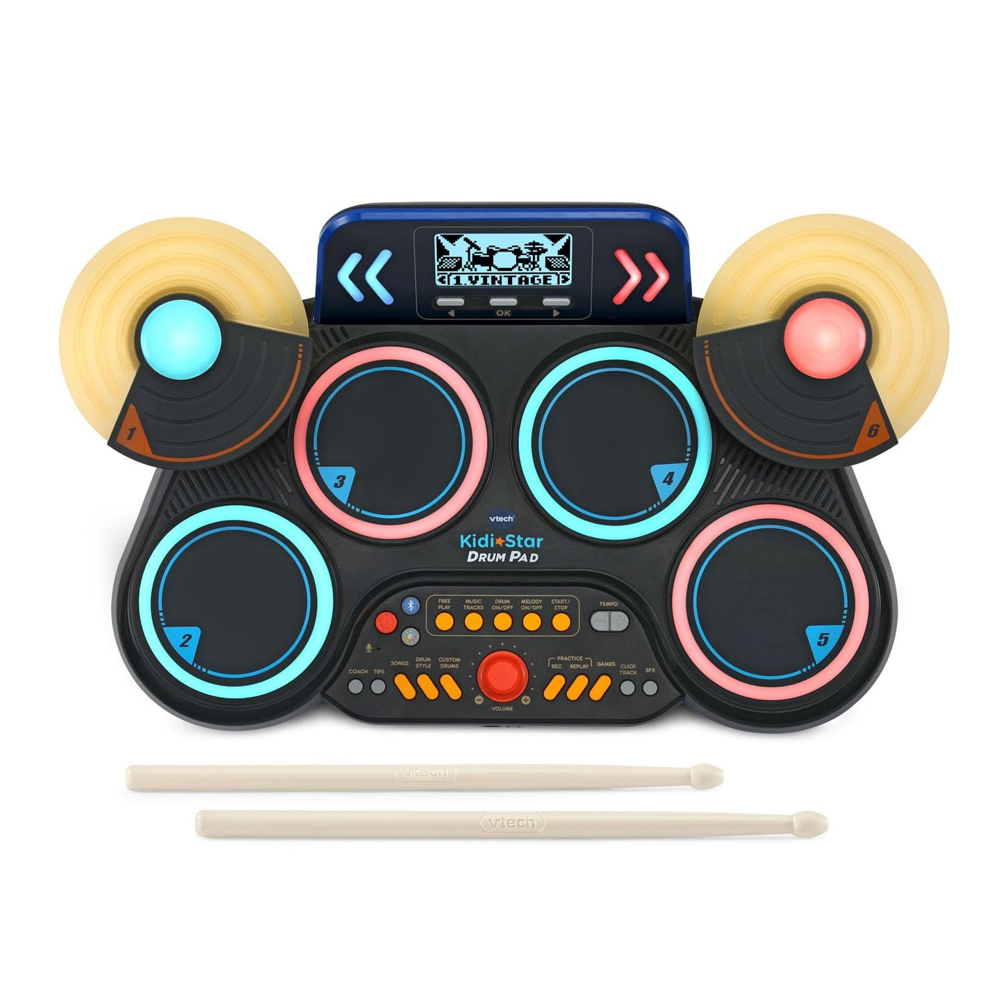 VTech electronic drum pad toy showing the Bluetooth connectivity controls and speaker layout