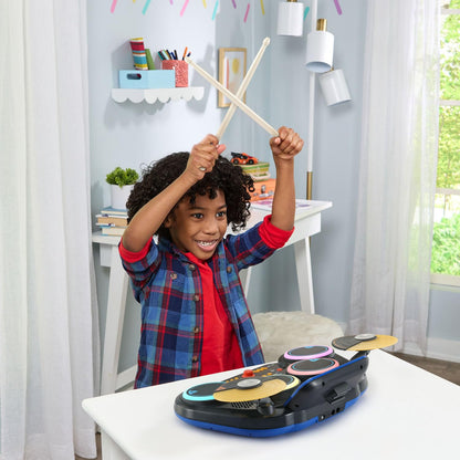 VTech drum pad showing headphone jack and audio input ports on the durable plastic chassis