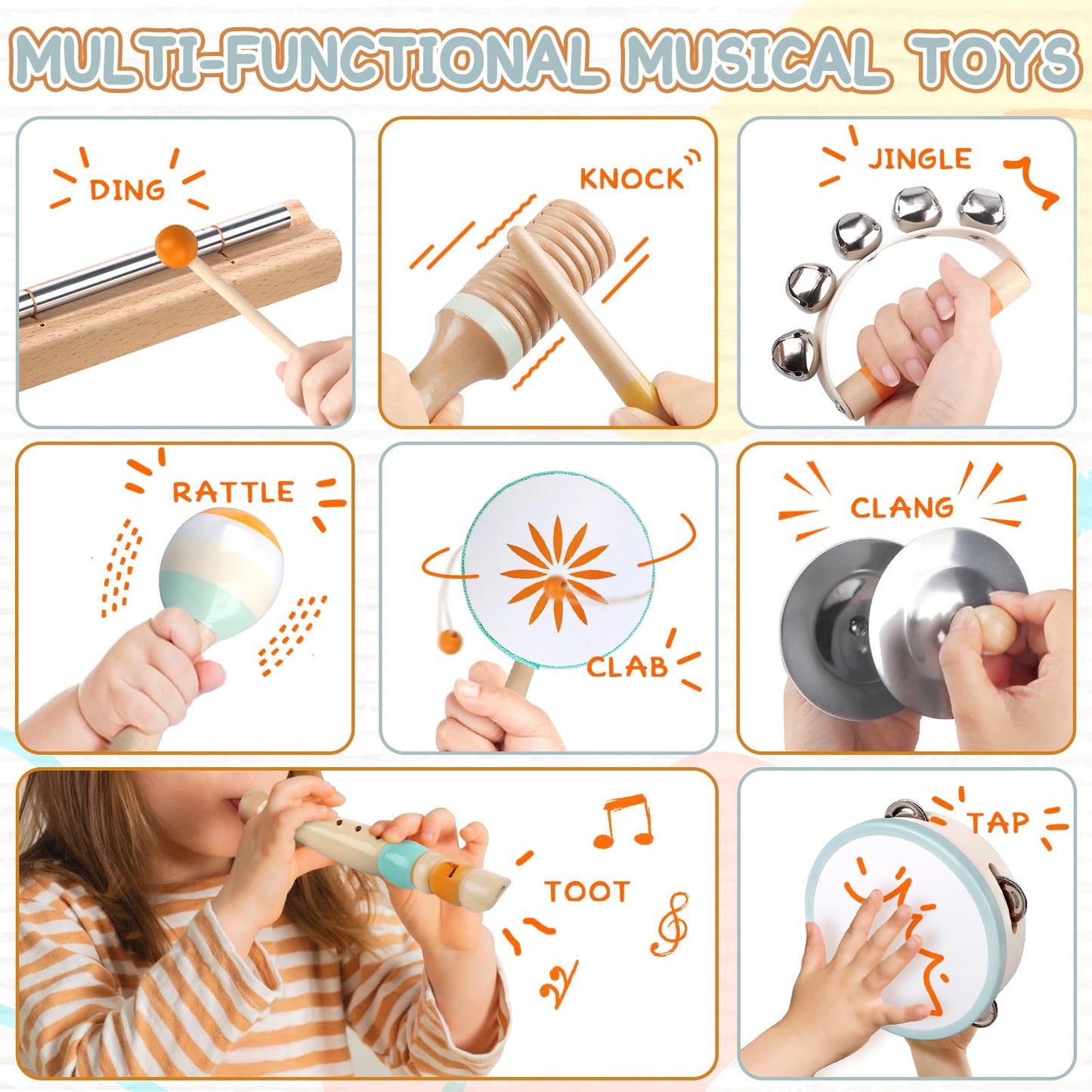 Rmischolar neutral color wooden tambourine and maracas for toddler sensory development
