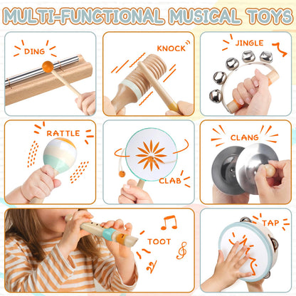 Rmischolar neutral color wooden tambourine and maracas for toddler sensory development