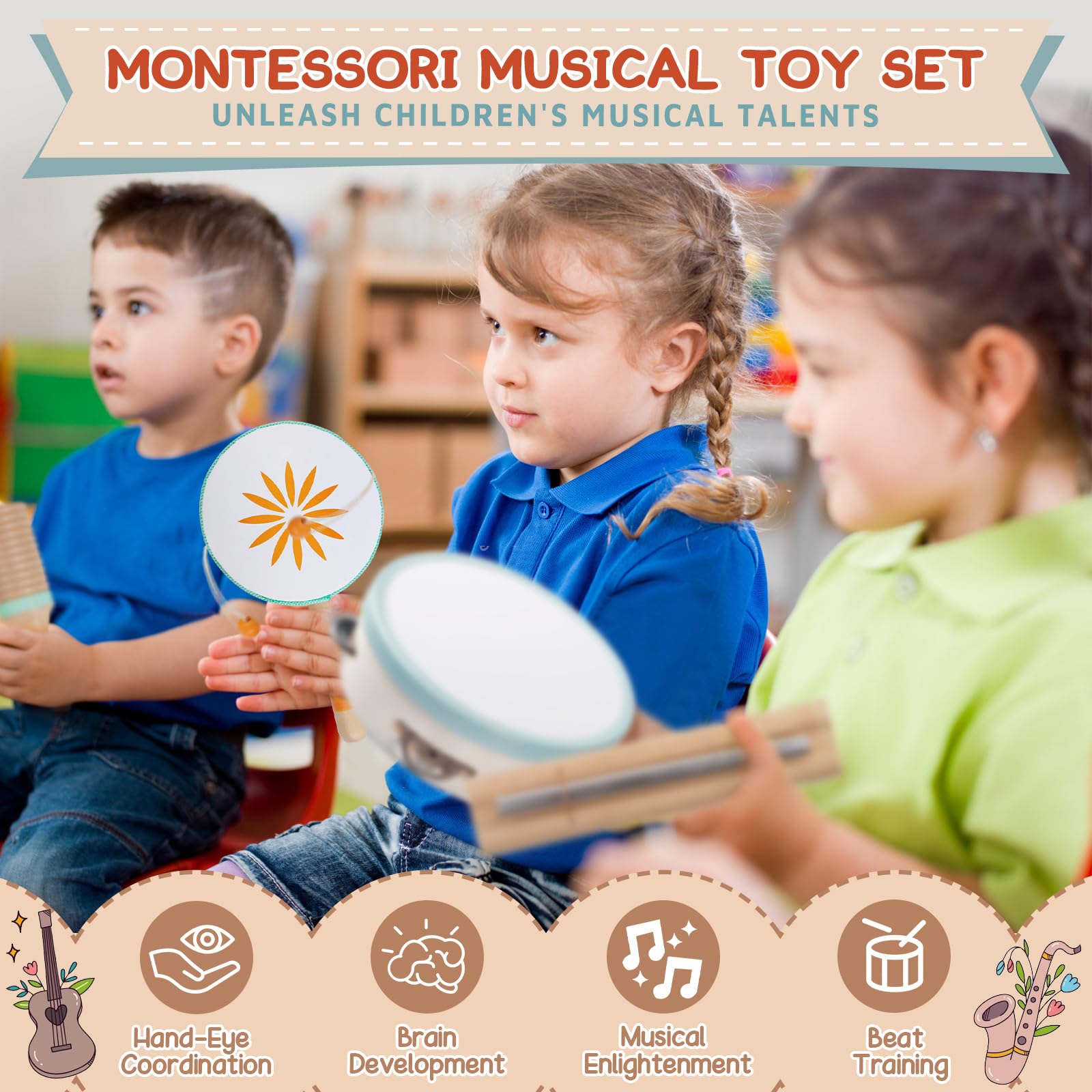 Rmischolar non-toxic wooden flute and cymbals close up detail with pastel accents