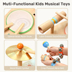 Wingyz Montessori musical instruments including maracas, shaker eggs, and wrist bells arranged for sensory play