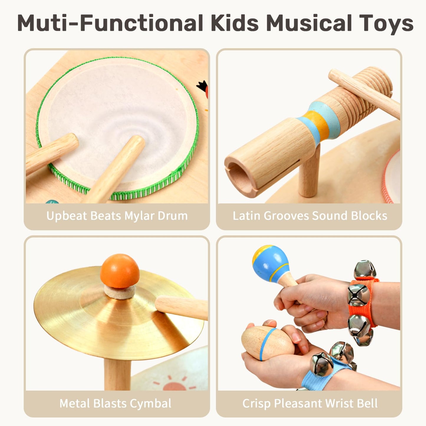 Wingyz Montessori musical instruments including maracas, shaker eggs, and wrist bells arranged for sensory play