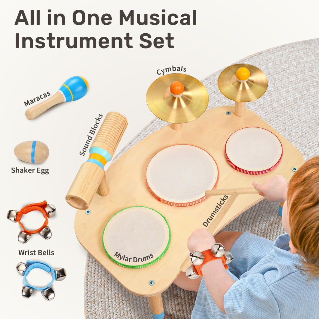 Side angle of the sturdy assembled wooden legs on the early rhythm development music table toy